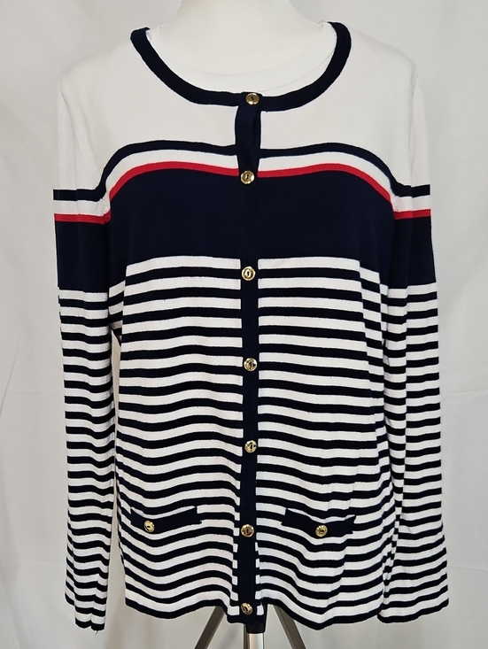 Kim Rogers Sweaters - Kim Rogers Navy & White Striped Button Cardigan with Red Trim